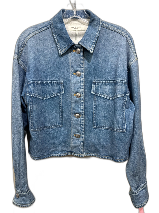 Rag & Bone Size XS Blue Cotton Denim Look Silver Buttons Long Sleeve Crop Top Blue / XS