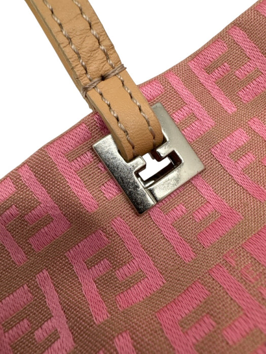 Fendi Pink & Tan Canvas & Leather Zucca Monogram Leather Handle Bag Pink & Tan / XS