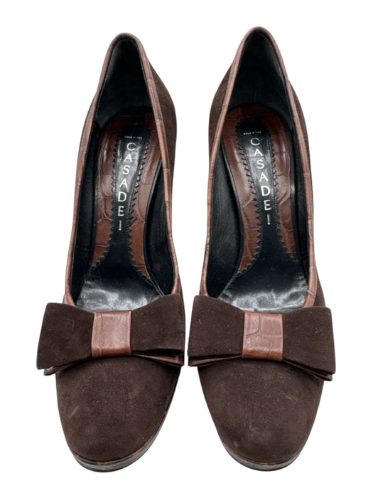 Casadei Shoe Size 9.5 Brown Leather Upper Suede Bow Detail Block Heel Pumps Brown / 9.5