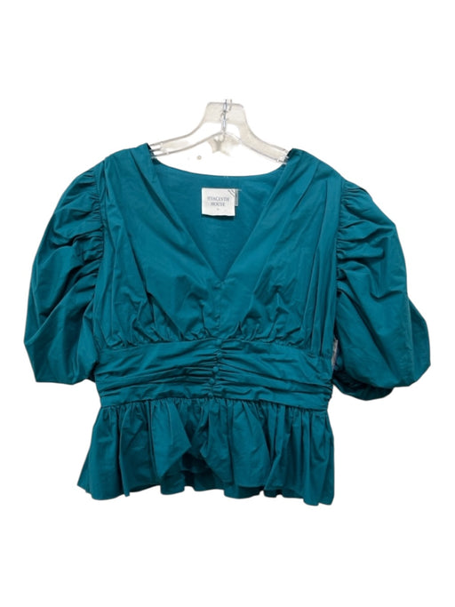 Hyacinth House Size M Teal Cotton Blend Short Puff Sleeve Gathered Buttons Top Teal / M