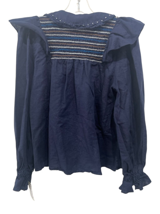 Sea New York Size S Navy Blue Linen & Cotton Long Sleeve Tie V Neck Top Navy Blue / S