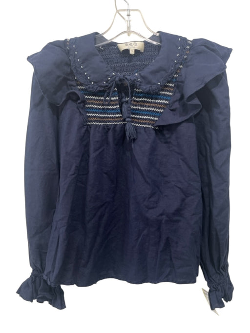 Sea New York Size S Navy Blue Linen & Cotton Long Sleeve Tie V Neck Top Navy Blue / S