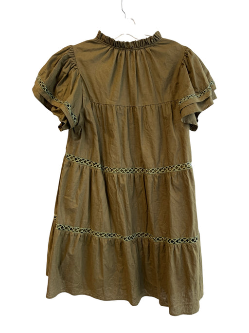 Crosby Size M Moss Green Linen & Cotton V Neck Short Sleeve Ruffle Detail Dress Moss Green / M