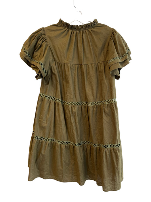 Crosby Size M Moss Green Linen & Cotton V Neck Short Sleeve Ruffle Detail Dress Moss Green / M