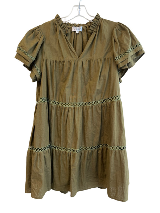 Crosby Size M Moss Green Linen & Cotton V Neck Short Sleeve Ruffle Detail Dress Moss Green / M