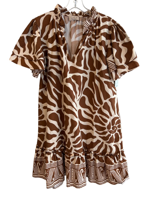 Sofia Size Est S/M Beige & Brown Cotton V Neck Animal Print Ruffle Detail Dress Beige & Brown / Est S/M