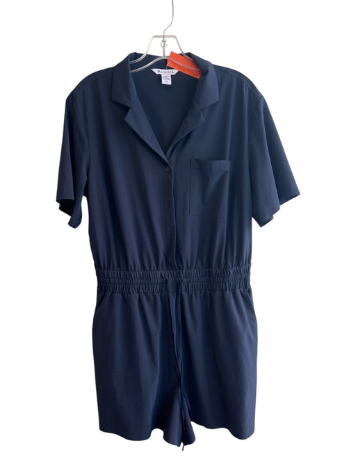 Athleta Size M Navy Polyester Blend Half Button Short Sleeve Above Knee Romper Navy / M