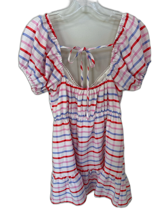 Buddy Love Size XS Red & Pink Polyester Short Balloon Sleeve Grid Back Tie Dress Red & Pink / XS