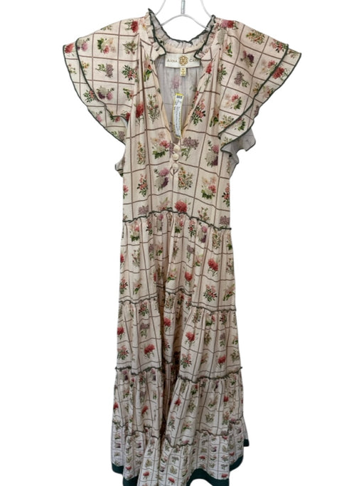 Anna Cate Size XS Tan & Green Cotton Flutter Sleeves Botanical Buttons Dress Tan & Green / XS