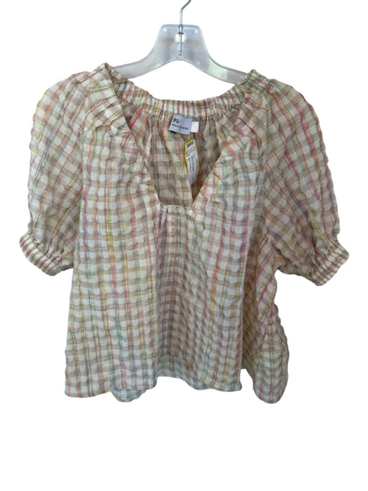 Never a Wallflower Size S Cream & Multi Cotton Short Balloon Sleeve Grid Top Cream & Multi / S