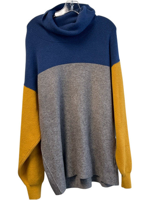 Free People Size L Gray Navy & Yellow Rayon Blend Knit Turtleneck Sweater Gray Navy & Yellow / L