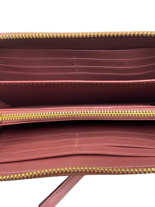 Coach Pink Leather Zip Around Card Slots Removable Strap Long Wallets Pink