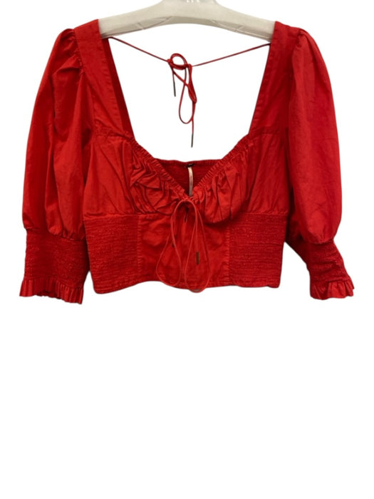 Free People Size M Red Cotton 1/2 Balloon Sleeve Sweetheart Neckline Top Red / M