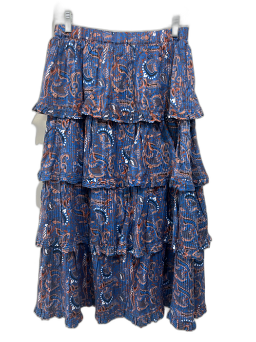 Cleobella Size S Blue, Brown, White Cotton Elastic Waistband Tiered Midi Skirt Blue, Brown, White / S