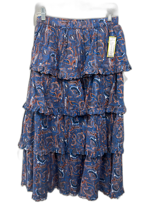 Cleobella Size S Blue, Brown, White Cotton Elastic Waistband Tiered Midi Skirt Blue, Brown, White / S