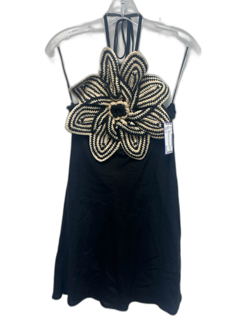 Zara Size S Black & Cream Linen & Viscose Halter Neck Crochet flower Dress Black & Cream / S