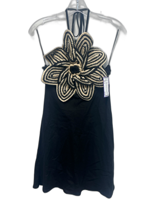 Zara Size S Black & Cream Linen & Viscose Halter Neck Crochet flower Dress Black & Cream / S