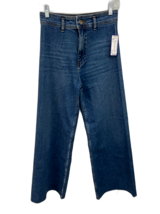 Zara Size 4 Mid Wash Denim Button & Zip High Rise Wide Leg Raw Hem Jeans Mid Wash / 4