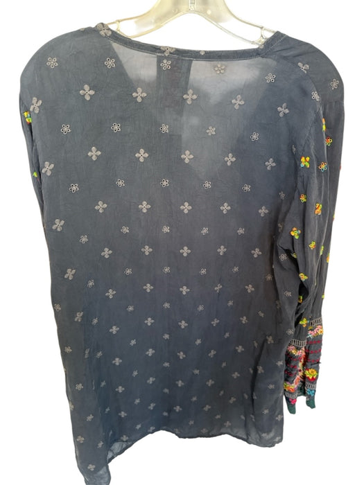 Johnny Was Size M Navy & Multi Curpo Long Sleeve Embroidered Flowers Buttons Top Navy & Multi / M