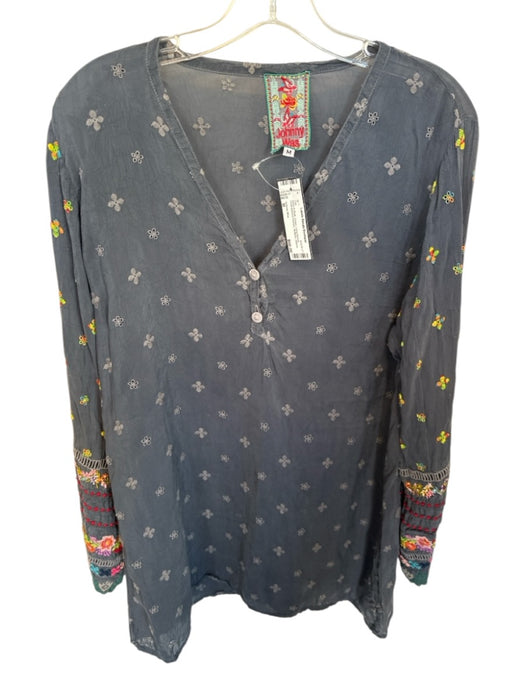 Johnny Was Size M Navy & Multi Curpo Long Sleeve Embroidered Flowers Buttons Top Navy & Multi / M