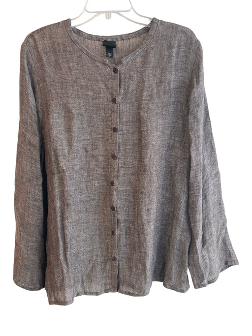 Eileen Fisher Size L Brown & Gray Linen Round Neck Button Up Long Sleeve Top Brown & Gray / L
