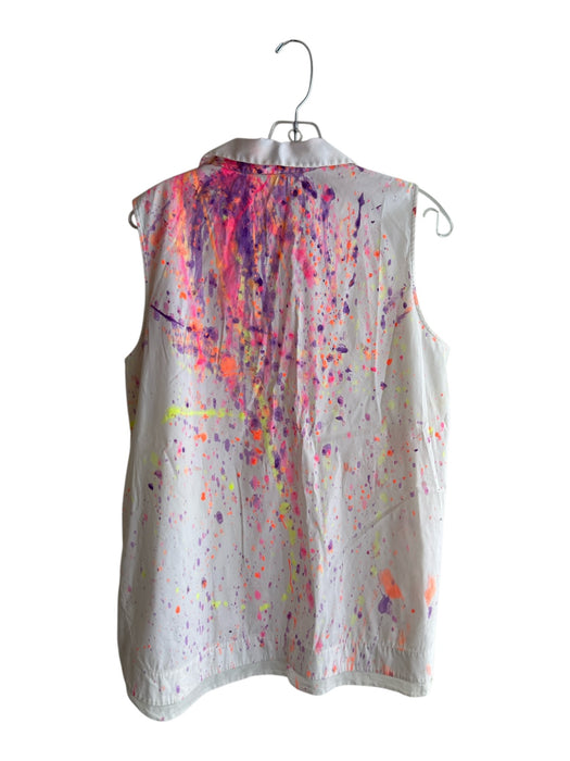 Lafayette 148 Size Est L White & Multi Cotton Blend Sleeveless Collared Top White & Multi / Est L