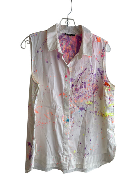 Lafayette 148 Size Est L White & Multi Cotton Blend Sleeveless Collared Top White & Multi / Est L