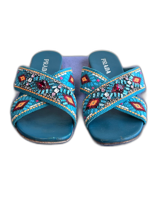 Prada Shoe Size 39.5 Teal & Multi Leather Rhinestone Criss Cross Flat Shoes Teal & Multi / 39.5