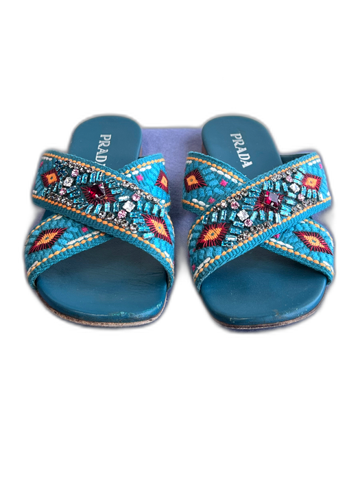 Prada Shoe Size 39.5 Teal & Multi Leather Rhinestone Criss Cross Flat Shoes Teal & Multi / 39.5