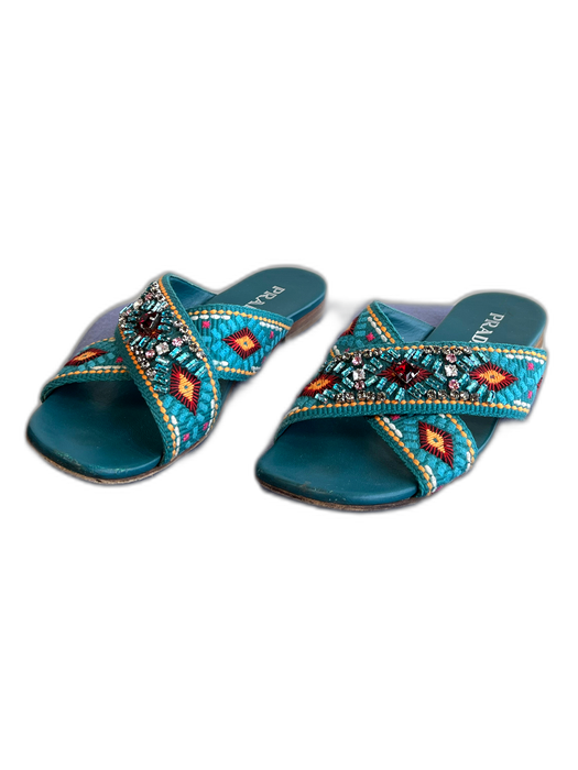 Prada Shoe Size 39.5 Teal & Multi Leather Rhinestone Criss Cross Flat Shoes Teal & Multi / 39.5