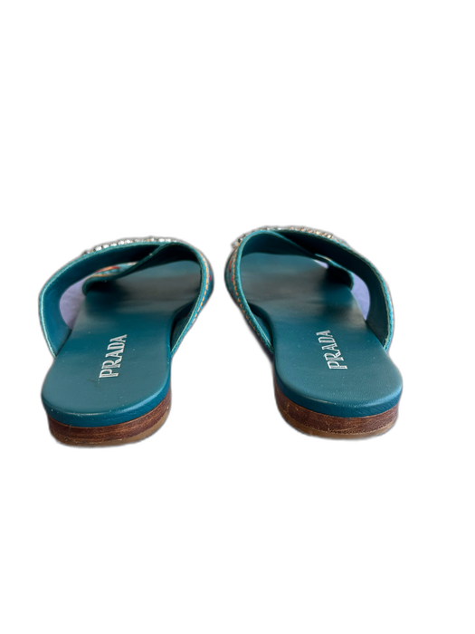 Prada Shoe Size 39.5 Teal & Multi Leather Rhinestone Criss Cross Flat Shoes Teal & Multi / 39.5