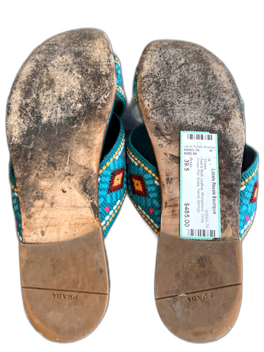 Prada Shoe Size 39.5 Teal & Multi Leather Rhinestone Criss Cross Flat Shoes Teal & Multi / 39.5