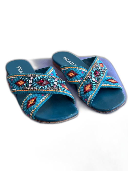 Prada Shoe Size 39.5 Teal & Multi Leather Rhinestone Criss Cross Flat Shoes Teal & Multi / 39.5