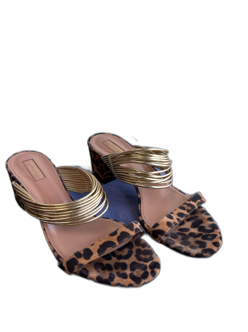 Aquazzura Shoe Size 39.5 Brown & Gold Suede Multi Strap Animal Print Shoes Brown & Gold / 39.5