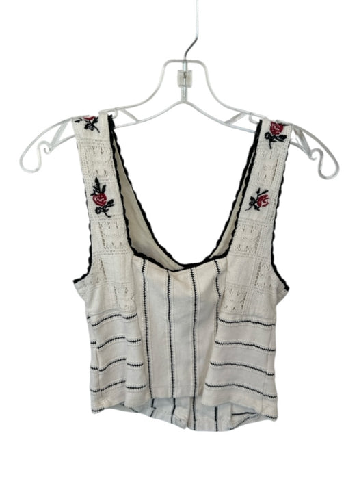 Free People Size XS Cream & Black Cotton Knit Embroidered Flowers Sleeveless Top Cream & Black / XS