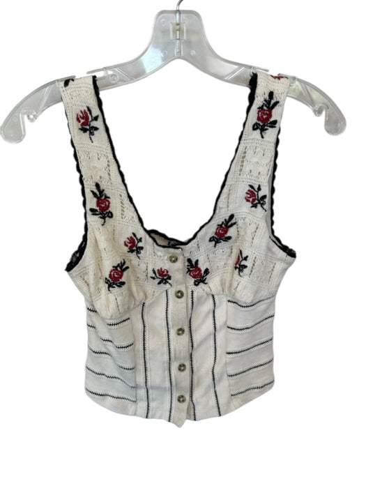 Free People Size XS Cream & Black Cotton Knit Embroidered Flowers Sleeveless Top Cream & Black / XS