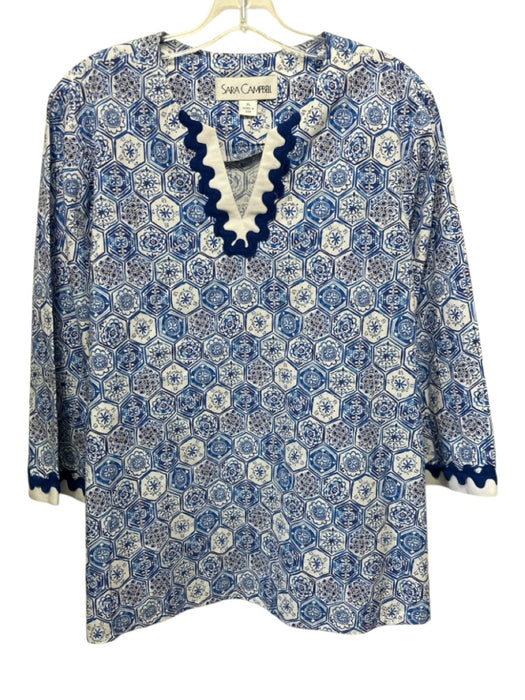 Sara Campbell Size XL Blue & White Cotton Long Sleeve Tile Design V Neck Top Blue & White / XL