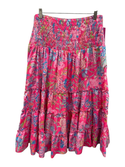 Lilly Pulitzer Size M Pink, Blue, Multi Polyester Smocked Waist Band Midi Skirt Pink, Blue, Multi / M