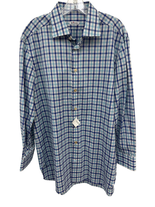 Kiton Size XL White & Blue Cotton All Over Print Button Down Long Sleeve Shirt White & Blue / XL