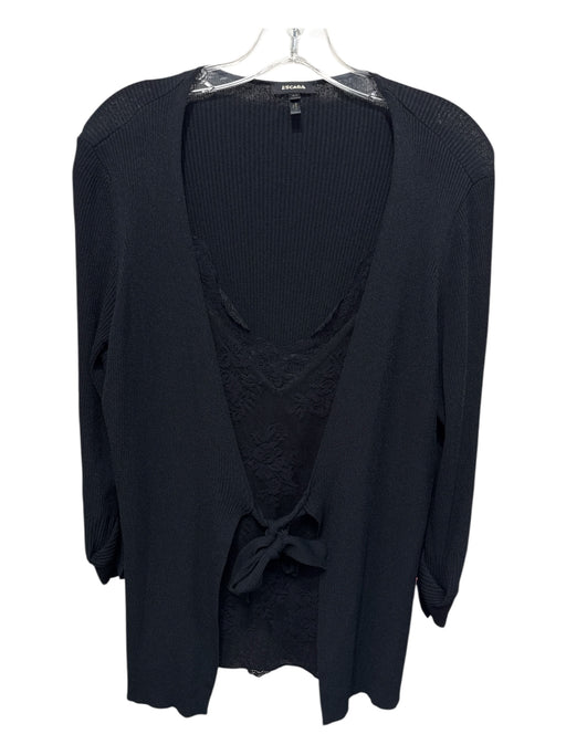 Escada Size 42 Black Viscose Blend Ribbed Lace Panel Tie Front Long Sleeve Top Black / 42