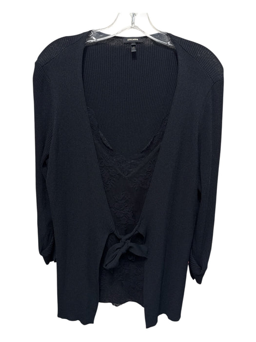 Escada Size 42 Black Viscose Blend Ribbed Lace Panel Tie Front Long Sleeve Top Black / 42