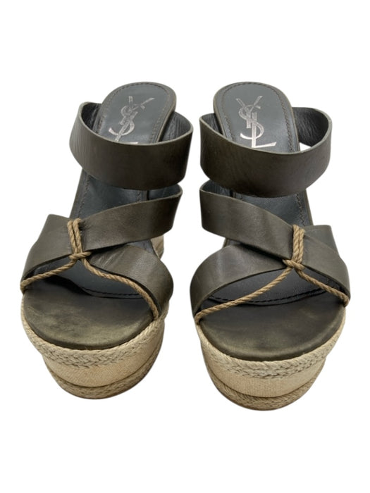 Yves Saint Laurent Shoe Size 37 Hunter Green Leather Criss Cross Wedge Sandals Hunter Green / 37