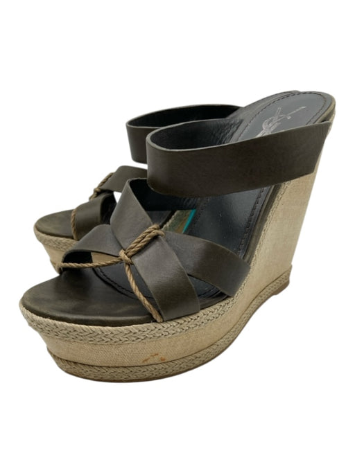 Yves Saint Laurent Shoe Size 37 Hunter Green Leather Criss Cross Wedge Sandals Hunter Green / 37