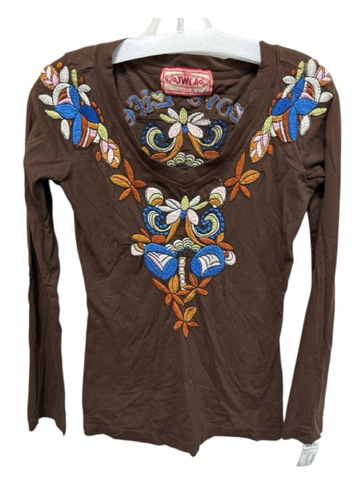 JWLA Size S Brown & Multi Cotton Embroidered Long Sleeve V Neck Top Brown & Multi / S