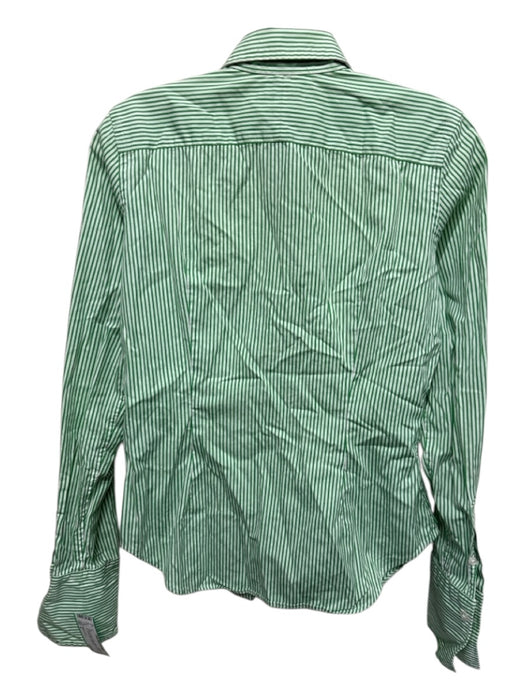 Ralph Lauren Size 4 Green & White Cotton Striped Button Up Ruffle Detail Top Green & White / 4
