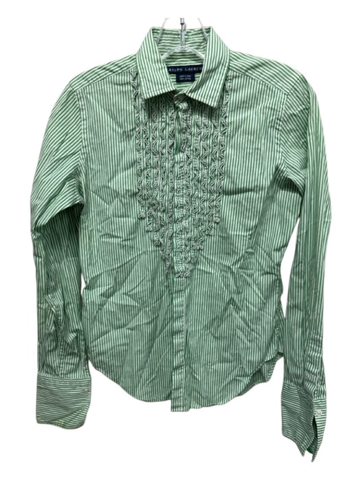 Ralph Lauren Size 4 Green & White Cotton Striped Button Up Ruffle Detail Top Green & White / 4