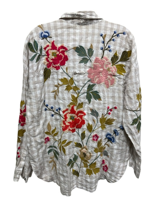 Johnny Was Size XS White & Multi Linen Checked Floral Embroidery Button Up Top White & Multi / XS