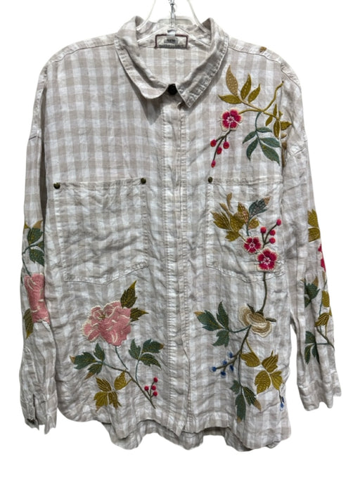 Johnny Was Size XS White & Multi Linen Checked Floral Embroidery Button Up Top White & Multi / XS