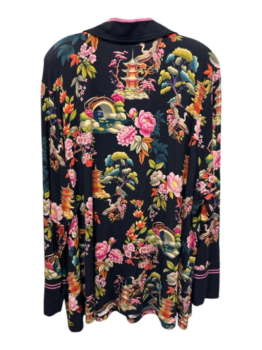 Johnny Was Size L/XL Black & Multi Rayon floral print Collared Top Black & Multi / L/XL