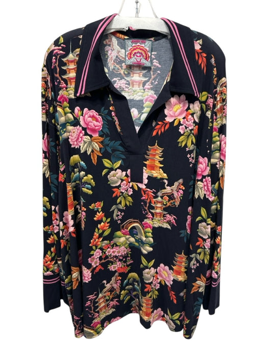 Johnny Was Size L/XL Black & Multi Rayon floral print Collared Top Black & Multi / L/XL